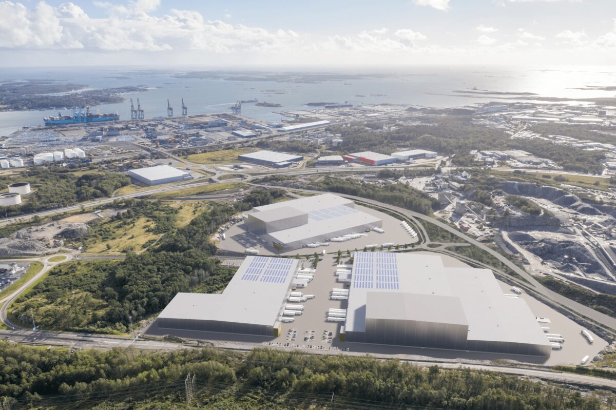 Tidig visionsbild över den nya hamnnära logistikparken på Halvorsäng där OneMed blir första hyresgäst. Bild: Castellum/Göteborgs Hamn AB